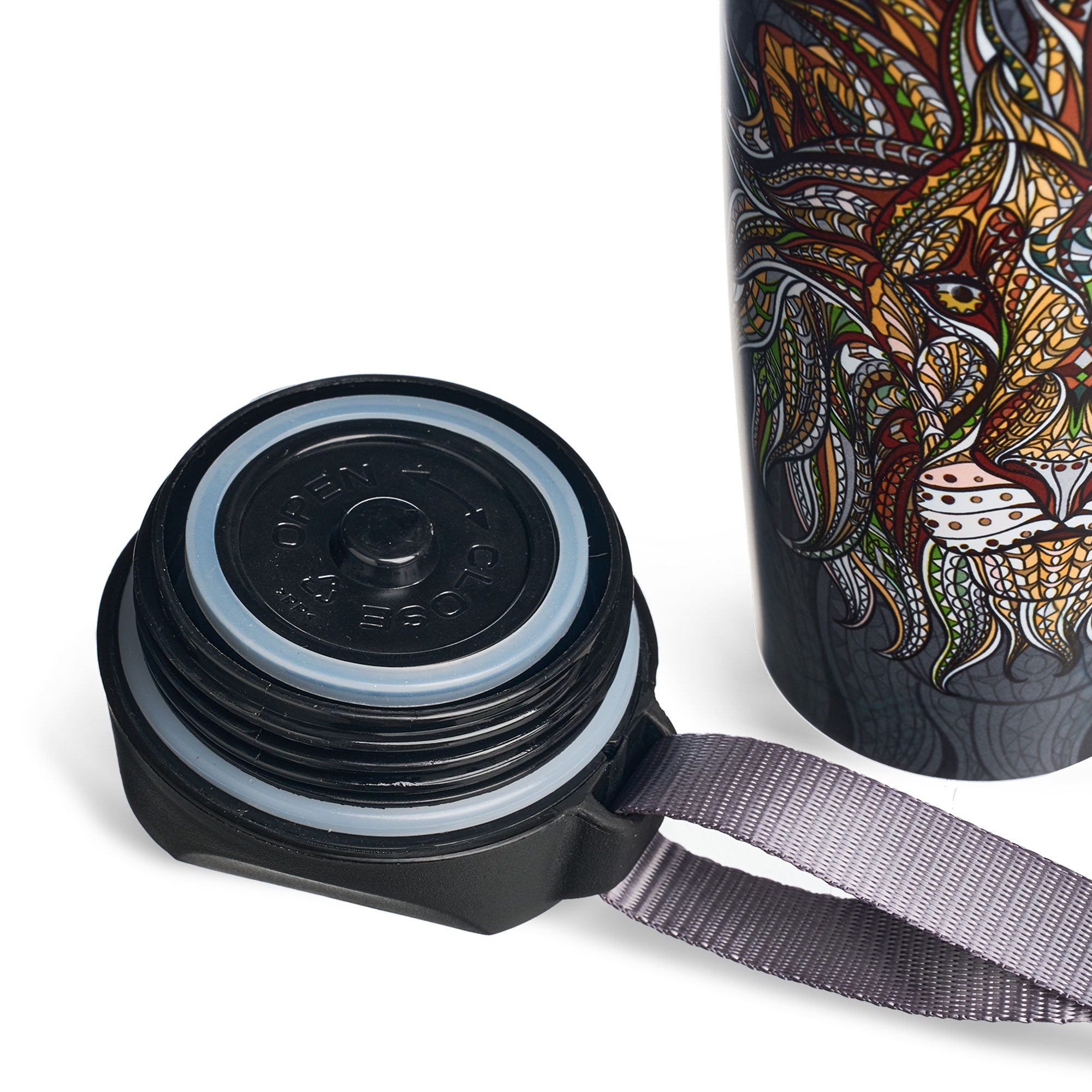 ТЕРМОКРУЖКА AGNESS "ЛЕВ" С КНОПКОЙ-СТОППЕРОМ, 360МЛ КОЛБА НЕРЖ.СТАЛЬ 18/10