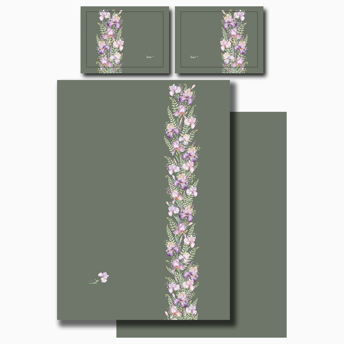 КПБ 1,5 СПАЛЬНЫЙ "IRISES" ЗЕЛЕНЫЙ, САТИН, ХЛОПОК 100%, ПОД.150Х210-1ШТ,ПР.180Х220-1ШТ,НАВ.50Х70-2ШТ