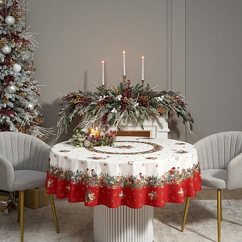 СКАТЕРТЬ КРУГЛАЯ "МОРОЗКО.СНЕГИРИ" 190СМ ,КРАСНЫЙ, 100% ХЛОПОК, ТВИЛ, С ПРОПИТКОЙ