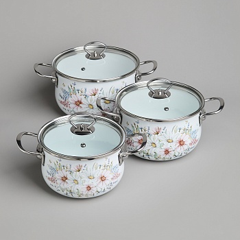 НАБОР КАСТРЮЛЬ AGNESS ЭМАЛИРОВАННЫХ СЕРИЯ "ДВОРЦОВЫЙ ПАРК", 6ПР. 2,0/2,8/3,6Л,18Х11/20Х12/22Х13СМ