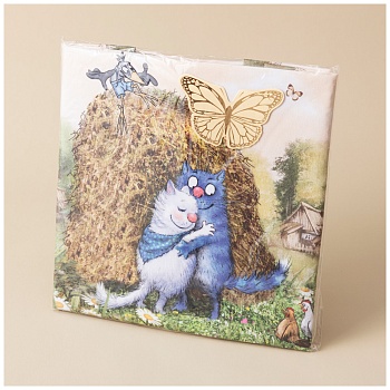 НАБОР САЛФЕТОК ИЗ 2-Х ШТ  "СИНИЕ КОТЫ. ПРО ЛЮБОВЬ",40Х40СМ, 100% ХЛОПОК,ТВИЛ, БЕЖ