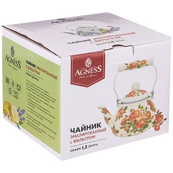 ЧАЙНИК AGNESS ЭМАЛИРОВАННЫЙ СО СЪЕМНЫМ ФИЛЬТРОМ ИЗ НЖС, СЕРИЯ "КОРЕЙСКАЯ РОЗА" 1,3 Л