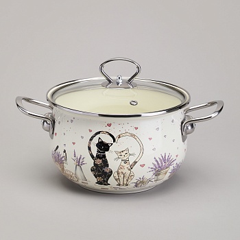 КАСТРЮЛЯ AGNESS ЭМАЛИРОВАННАЯ СО СТЕКЛЯННОЙ КРЫШКОЙ СЕРИЯ "LAVENDER CATS", 2,8 Л ДИА. 20СМ