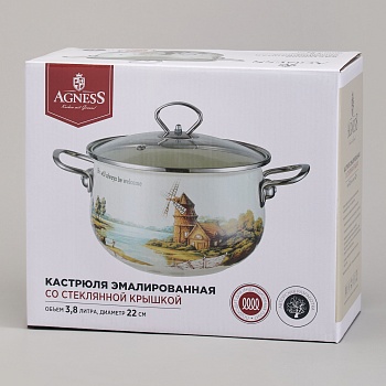 КАСТРЮЛЯ AGNESS ЭМАЛИРОВАННАЯ СО СТЕКЛЯННОЙ КРЫШКОЙ СЕРИЯ "LAVENDER CATS", 3,8 Л ДИА. 22СМ