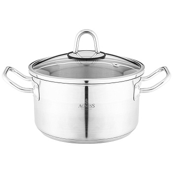 КАСТРЮЛЯ AGNESS 18X10 СМ 2,3 Л ВЫСОКОКАЧЕСТВЕННАЯ НЕРЖ СТАЛЬ 18/10 СО СТЕКЛ.КРЫШКОЙ