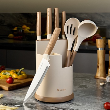 НАБОР AGNESS ИЗ 9ПР: 5 НОЖЕЙ, ПОЛОВНИК, ЛОПАТКА И ШУМОВКА, ВРАЩАЮЩАЯСЯ ПОДСТАВКА