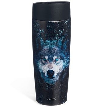 ТЕРМОКРУЖКА AGNESS  "ВОЛК" 360МЛ, КОЛБА НЕРЖ.СТАЛЬ 18/10