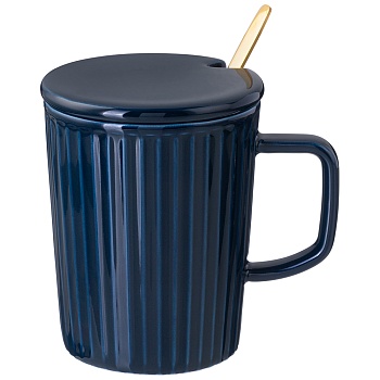 КРУЖКА LEFARD "HERBAL" С КРЫШКОЙ И МЕТАЛЛ. ЛОЖКОЙ 350 МЛ СИНЯЯ (КОР=48ШТ.)