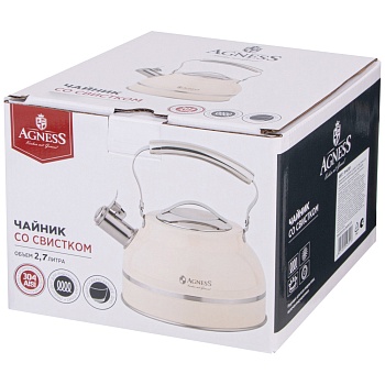 ЧАЙНИК AGNESS СО СВИСТКОМ 2,7Л, ТЕРМОАККУМУЛИРУЮЩЕЕ ДНО, 304 СТАЛЬ,  ИНДУКЦИЯ