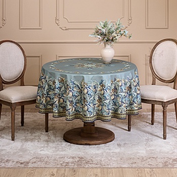 СКАТЕРТЬ КРУГЛАЯ "ЛИСТЬЯ МОРРИСА"190 СМ ,100% ХЛОПОК ,СИНИЙ, ТВИЛ, ПРОПИТКА