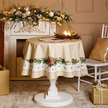 СКАТЕРТЬ КРУГЛАЯ "CELEBRATION"150 СМ  ,БЕЖЕВЫЙ, 100% ХЛОПОК ,ТВИЛ ГОРОХ С ПРОПИТКОЙ