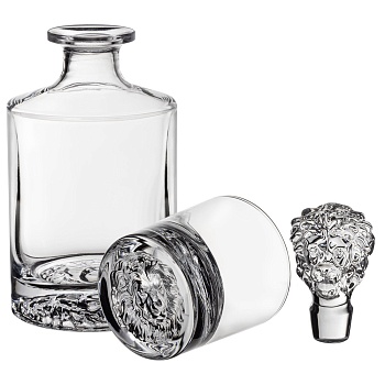 НАБОР ДЛЯ ВИСКИ "LION": ШТОФ + ДВА СТАКАНА, 850 МЛ/310 МЛ