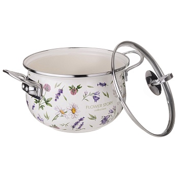 КАСТРЮЛЯ AGNESS ЭМАЛИРОВАННАЯ СО СТЕКЛЯННОЙ КРЫШКОЙ СЕРИЯ "FLOWER STORY", 2,8 Л ДИА. 20СМ