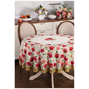 СКАТЕРТЬ КРУГЛАЯ "МАКИ" D185СМ ,КРЕМОВЫЙ, 100% ХЛОПОК,ТВИЛ С ПРОПИТКОЙ