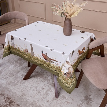 СКАТЕРТЬ "ОХОТА"110Х140СМ ,100% ХЛОПОК,ЗЕЛЕНЫЙ,ТВИЛ, ПРОПИТКА