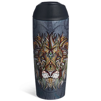 ТЕРМОКРУЖКА AGNESS "ЛЕВ" С КНОПКОЙ-СТОППЕРОМ, 360МЛ КОЛБА НЕРЖ.СТАЛЬ 18/10