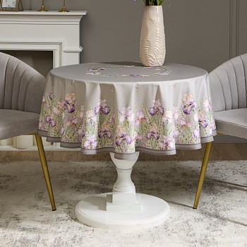 СКАТЕРТЬ КРУГЛАЯ  " ИРИСЫ" 150СМ , СЕРЫЙ ,100% ХЛОПОК ,ТВИЛ, С ПРОПИТКОЙ