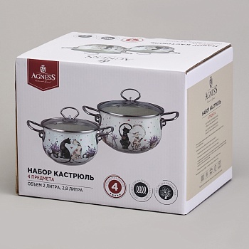 НАБОР КАСТРЮЛЬ ЭМАЛИРОВАННЫЙ, СЕРИЯ "LAVENDER CATS" 4ПР. 2,0/2,8Л ДИА.18/20СМ