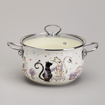 КАСТРЮЛЯ AGNESS ЭМАЛИРОВАННАЯ СО СТЕКЛЯННОЙ КРЫШКОЙ СЕРИЯ "LAVENDER CATS", 3,8 Л ДИА. 22СМ