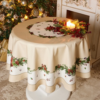 СКАТЕРТЬ КРУГЛАЯ "CELEBRATION"150 СМ  ,БЕЖЕВЫЙ, 100% ХЛОПОК ,ТВИЛ ГОРОХ С ПРОПИТКОЙ