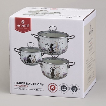 НАБОР КАСТРЮЛЬ ЭМАЛИРОВАННЫЙ, СЕРИЯ "LAVENDER CATS 6ПР. 2,0/2,8/3,8Л ДИА.18/20/22СМ