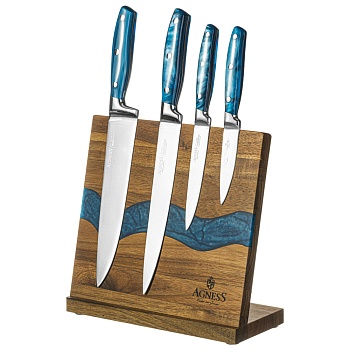 НАБОР НОЖЕЙ AGNESS НА ДЕРЕВЯННОЙ ПОДСТАВКЕ С МАГНИТНЫМ ДЕРЖАТЕЛЕМ, 5 ПРЕДМЕТОВ,