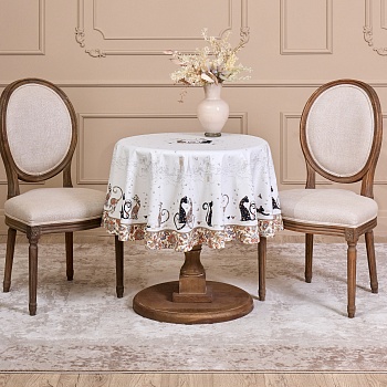 СКАТЕРТЬ КРУГЛАЯ "ПАРИЖСКИЕ КОТЫ" ,150 СМ, ТВИЛЛ ,БЕЛЫЙ,ПРОПИТКА