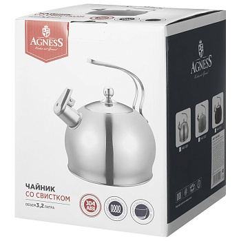 ЧАЙНИК AGNESS СО СВИСТКОМ 3,2Л, ТЕРМОАККУМУЛИРУЮЩЕЕ ДНО, 304 СТАЛЬ, ИНДУКЦИЯ