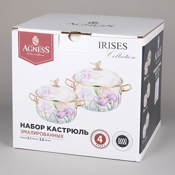 НАБОР КАСТРЮЛЬ AGNESS ЭМАЛИРОВАННЫХ СЕРИЯ "IRISES", 4ПР. 2,1Л И 3,8Л
