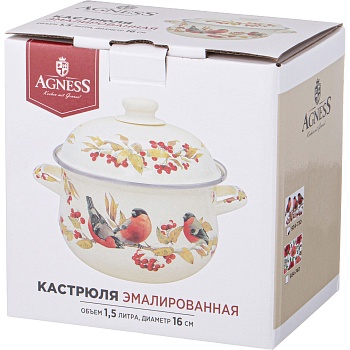 КАСТРЮЛЯ AGNESS ЭМАЛИРОВАННАЯ С ЭМАЛ.КРЫШКОЙ СЕРИЯ "СНЕГИРИ", 1.5 Л, 16*10 СМ