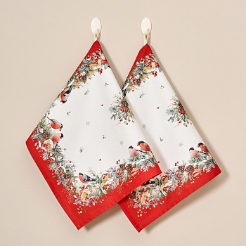 НАБОР ПОЛОТЕНЕЦ ИЗ 2 ШТ "МОРОЗКО.СНЕГИРИ ",40Х60СМ, 100% ХЛОПОК,БЕЛЫЙ,,ТВИЛ,