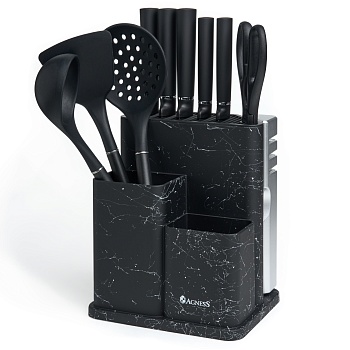 НАБОР AGNESS ИЗ 11ПР:5 НОЖЕЙ,ПОЛОВНИК,ЛОПАТКА,ШУМОВКА,ПОДСТАВКА,НОЖЕТОЧКА,НОЖНИЦЫ,ЧЕРНЫЙ МРАМОР/СЕРЫ
