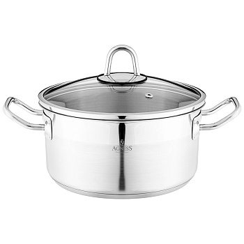 КАСТРЮЛЯ AGNESS 20X10 СМ  2,8 Л ВЫСОКОКАЧЕСТВЕННАЯ НЕРЖ СТАЛЬ 18/10 СО СТЕКЛ.КРЫШКОЙ