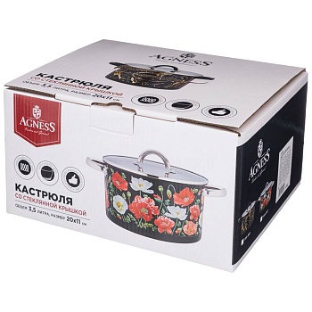 КАСТРЮЛЯ AGNESS "МАКИ" СО СТЕКЛЯННОЙ КРЫШКОЙ, НЕРЖ.СТАЛЬ, 3,1Л 20Х11 СМ