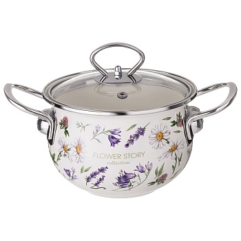 КАСТРЮЛЯ AGNESS ЭМАЛИРОВАННАЯ СО СТЕКЛЯННОЙ КРЫШКОЙ СЕРИЯ "FLOWER STORY", 2,0 Л ДИА. 18СМ