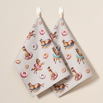 НАБОР ПОЛОТЕНЕЦ ИЗ 2ШТ "ЛОШАДЬ В ПОНЧИКАХ",СЕРЫЙ,40Х60СМ ТВИЛ,100% ХЛОПОК