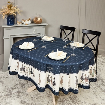 СКАТЕРТЬ ОВАЛЬНАЯ "FAMILY FARM" 160Х220 СМ ,СИНИЙ, 100% ХЛОПОК, ТВИЛ, С ПРОПИТКОЙ