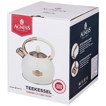 ЧАЙНИК AGNESS СО СВИСТКОМ, СЕРИЯ ТЮДОР, 3,0 Л ТЕРМОАККУМУЛИРУЮЩЕЕ ДНО, СТАЛЬ 18/10,ИНДУКЦИЯ(КОР=6ШТ)