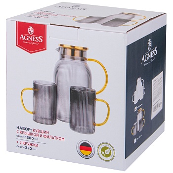 НАБОР AGNESS "SMOKY" КУВШИН С КРЫШКОЙ ФИЛЬТРОМ 1600 МЛ + 2 КРУЖКИ 320 МЛ ЦВЕТ:ДЫМЧАТЫЙ