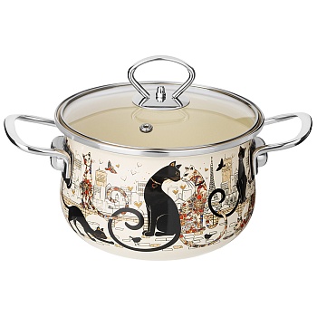 КАСТРЮЛЯ ЭМАЛИРОВАННАЯ AGNESS СО СТЕКЛЯННОЙ КРЫШКОЙ СЕРИЯ "ПАРИЖСКИЕ КОТЫ", 2.0 Л, 18*11 СМ