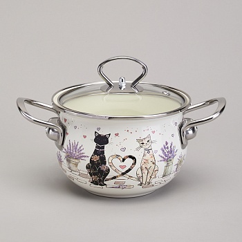 КАСТРЮЛЯ AGNESS ЭМАЛИРОВАННАЯ СО СТЕКЛЯННОЙ КРЫШКОЙ СЕРИЯ "LAVENDER CATS", 1,5 Л ДИА. 16СМ