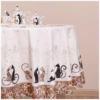 СКАТЕРТЬ "ПАРИЖСКИЕ КОТЫ" КРУГЛАЯ 190 СМ ТВИЛЛ ВОДООТАЛКИВАЮЩАЯ  ПРОПИТКА
