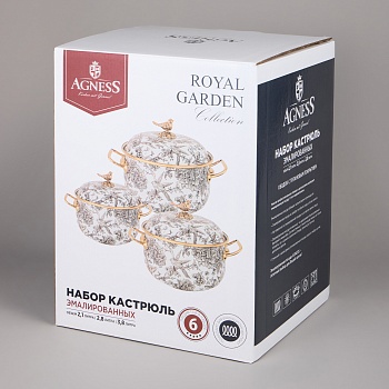НАБОР КАСТРЮЛЬ AGNESS ЭМАЛИРОВАННЫХ СЕРИЯ "ROYAL GARDEN", 6ПР. 2,1Л, 2,8Л И 3,8Л