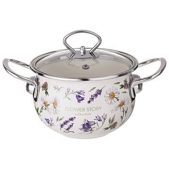 КАСТРЮЛЯ AGNESS ЭМАЛИРОВАННАЯ СО СТЕКЛЯННОЙ КРЫШКОЙ СЕРИЯ "FLOWER STORY", 1,5 Л ДИА. 16СМ