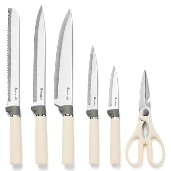 НАБОР AGNESS ИЗ 11ПР: 5 НОЖЕЙ,ПОЛОВНИК,ЛОПАТКА,ШУМОВКА,ПОДСТАВКА,НОЖЕТОЧКА,НОЖНИЦЫ, ЦВЕТ:БЕЛЫЙ/СЕРЫЙ
