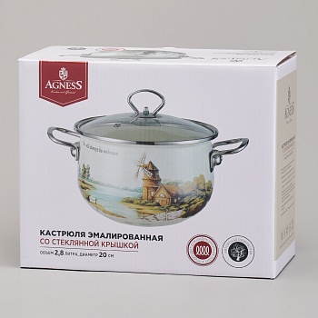 КАСТРЮЛЯ AGNESS ЭМАЛИРОВАННАЯ СО СТЕКЛЯННОЙ КРЫШКОЙ СЕРИЯ "LAVENDER CATS", 2,8 Л ДИА. 20СМ