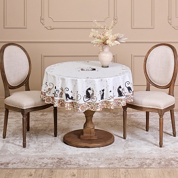 СКАТЕРТЬ КРУГЛАЯ "ПАРИЖСКИЕ КОТЫ" ,150 СМ, ТВИЛЛ ,БЕЛЫЙ,ПРОПИТКА