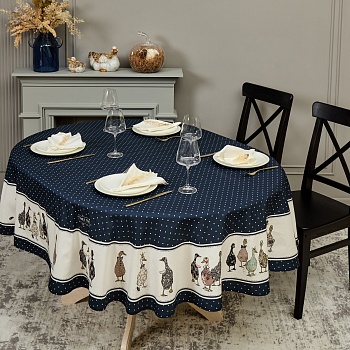 СКАТЕРТЬ ОВАЛЬНАЯ "FAMILY FARM" 190Х220СМ ,СИНИЙ, 100% ХЛОПОК, ТВИЛ, С ПРОПИТКОЙ