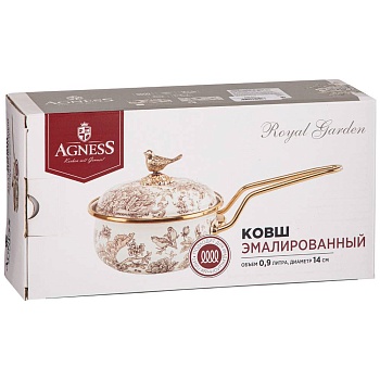 КОВШ AGNESS ЭМАЛИРОВАННЫЙ, СЕРИЯ ЯБЛОНЕВЫЙ САД 14СМ/0,9Л D=14 СМ  ДЛИНА=31СМ ПОДХОДИТ ДЛЯ ИНДУКЦИОН