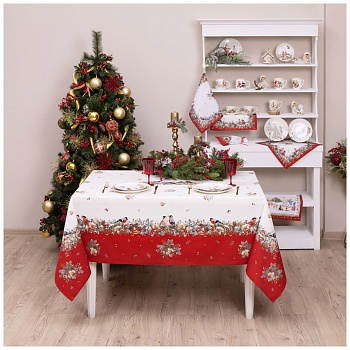 СКАТЕРТЬ "МОРОЗКО.СНЕГИРИ" 160Х220СМ ,КРАСНЫЙ, 100% ХЛОПОК,ТВИЛ ПРОПИТКА